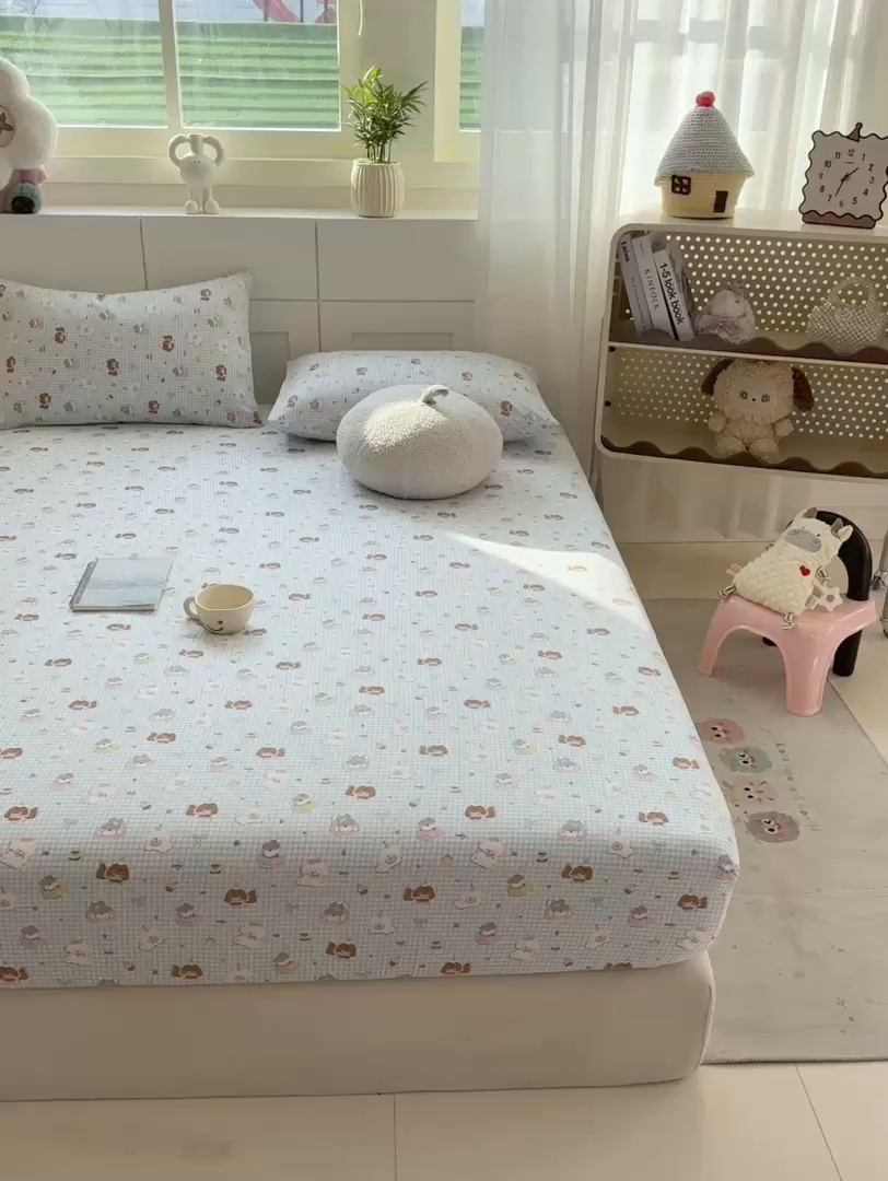 91家纺网 家纺一手货源 找家纺 朵朵家纺 2026新款A类超柔木棉印花单床笠单品学生宿舍床垫保护套床笠（床垫保护套可定制尺寸 ） 萌宠派对