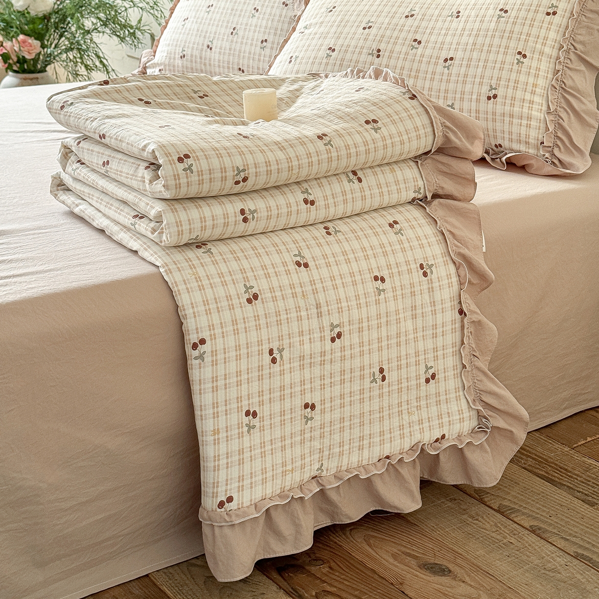 迷尚家居 2026新款云朵棉印花花边夏被四件套 车厘子