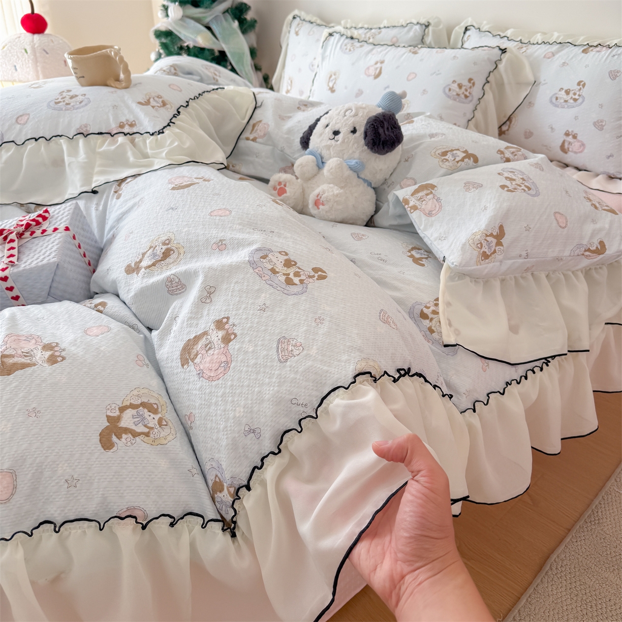 91家纺网 家纺一手货源 找家纺 （总）吾欢心 2026春夏新款韩版雪纺花边泡芙双层纱四件套