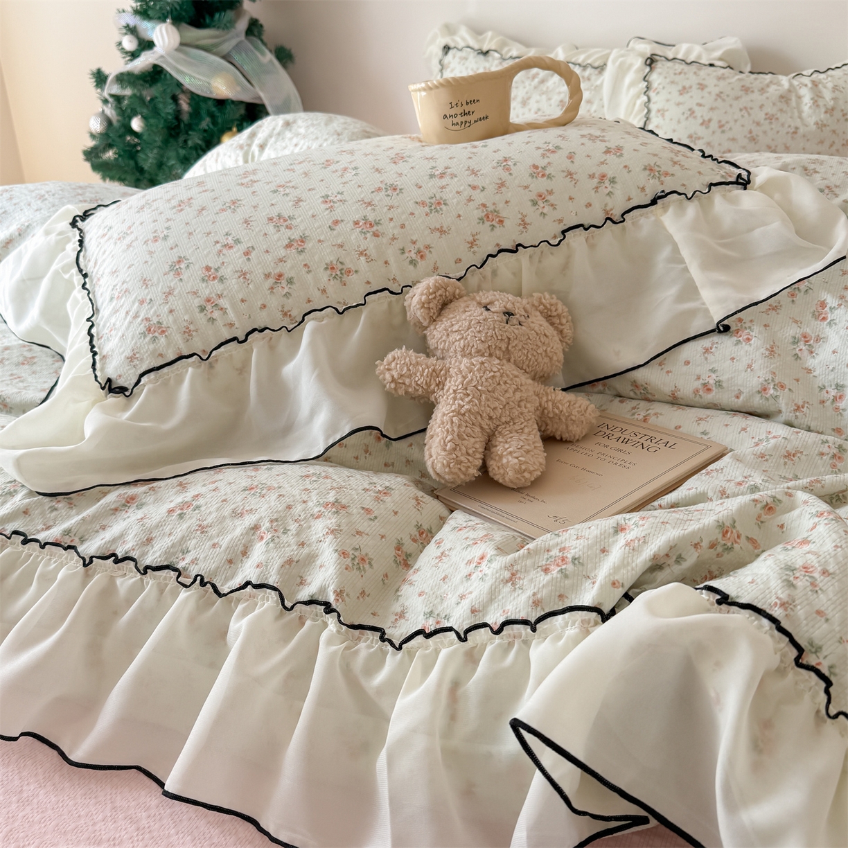 91家纺网 家纺一手货源 找家纺 （总）吾欢心 2026春夏新款韩版雪纺花边泡芙双层纱四件套