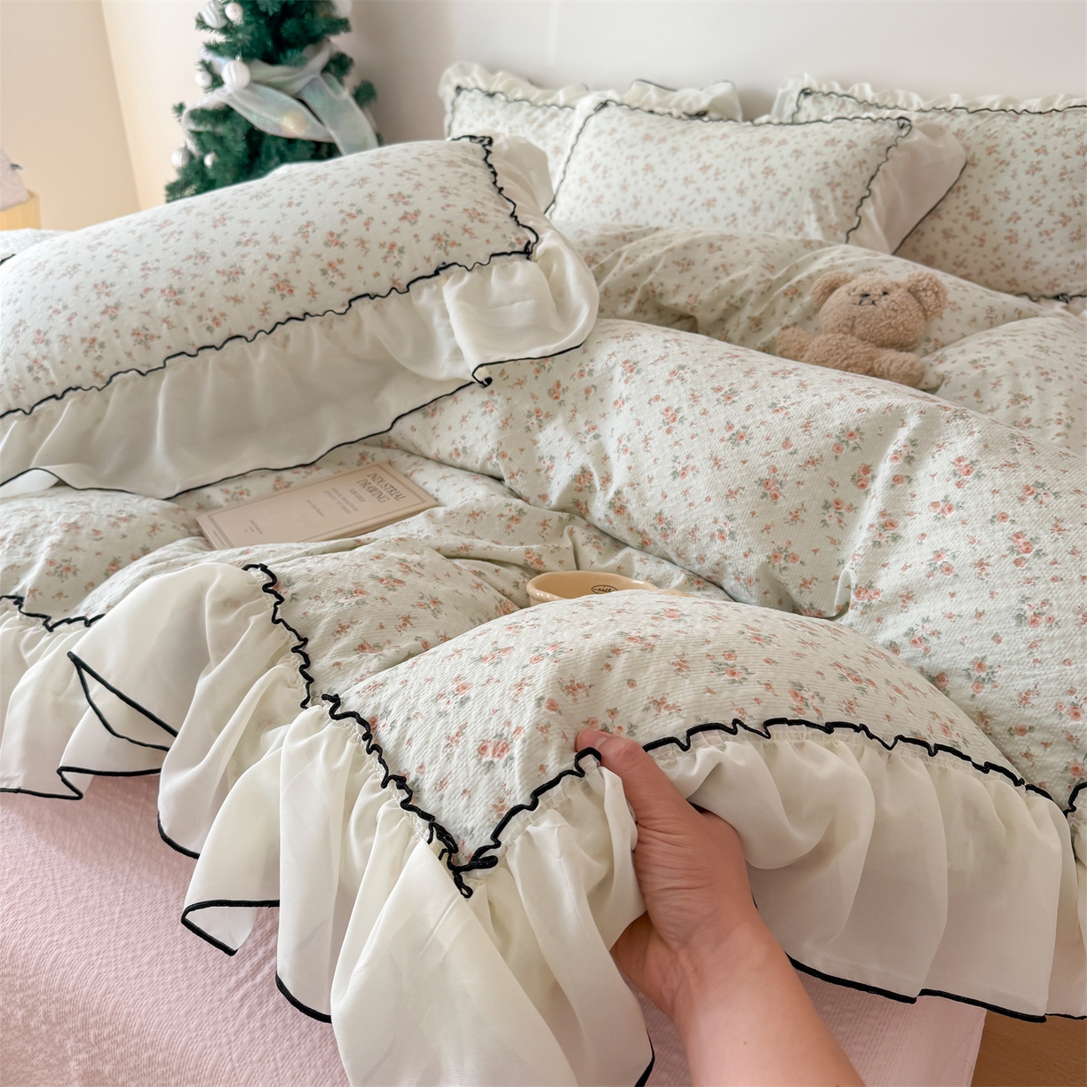 91家纺网 家纺一手货源 找家纺 （总）吾欢心 2026春夏新款韩版雪纺花边泡芙双层纱四件套