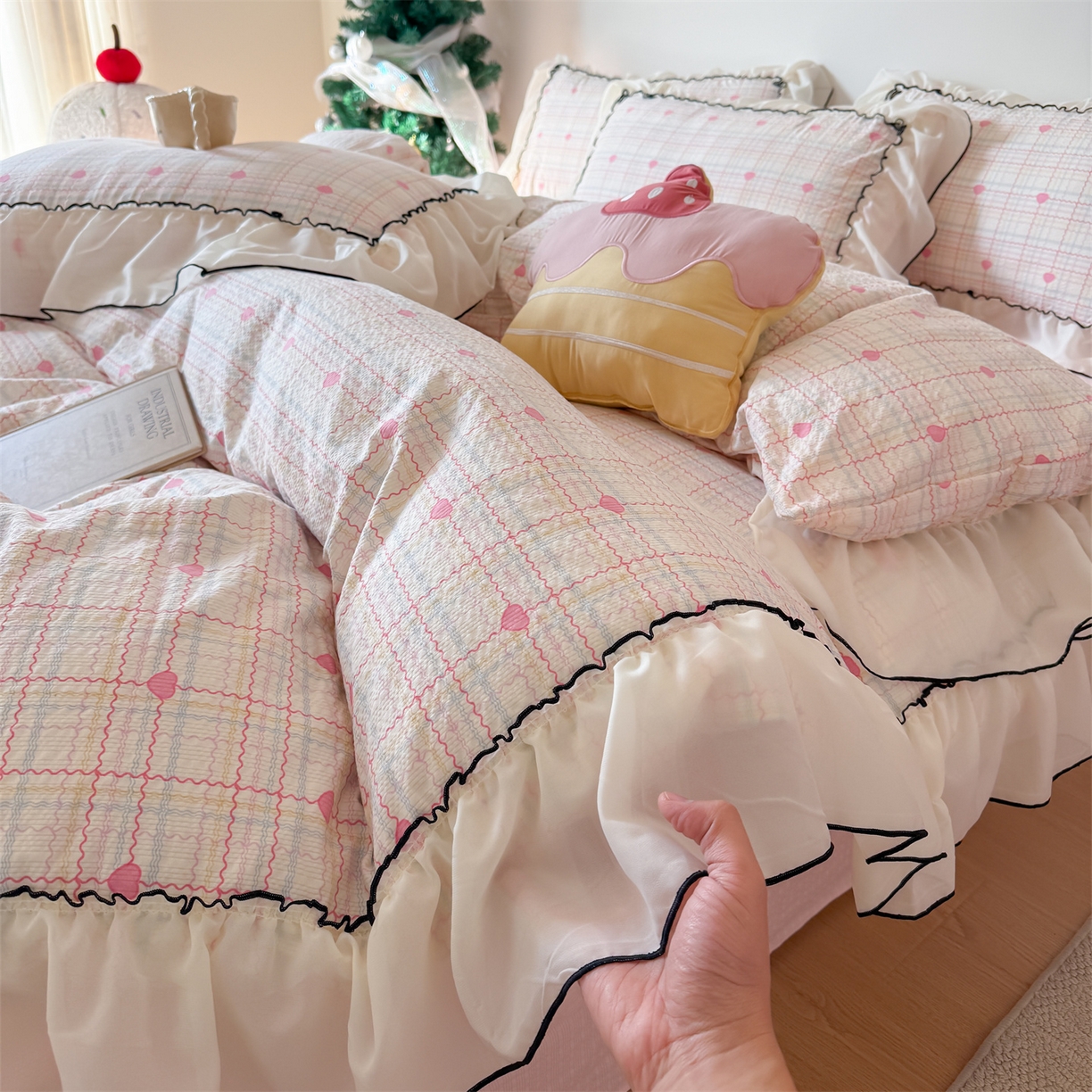 91家纺网 家纺一手货源 找家纺 （总）吾欢心 2026春夏新款韩版雪纺花边泡芙双层纱四件套