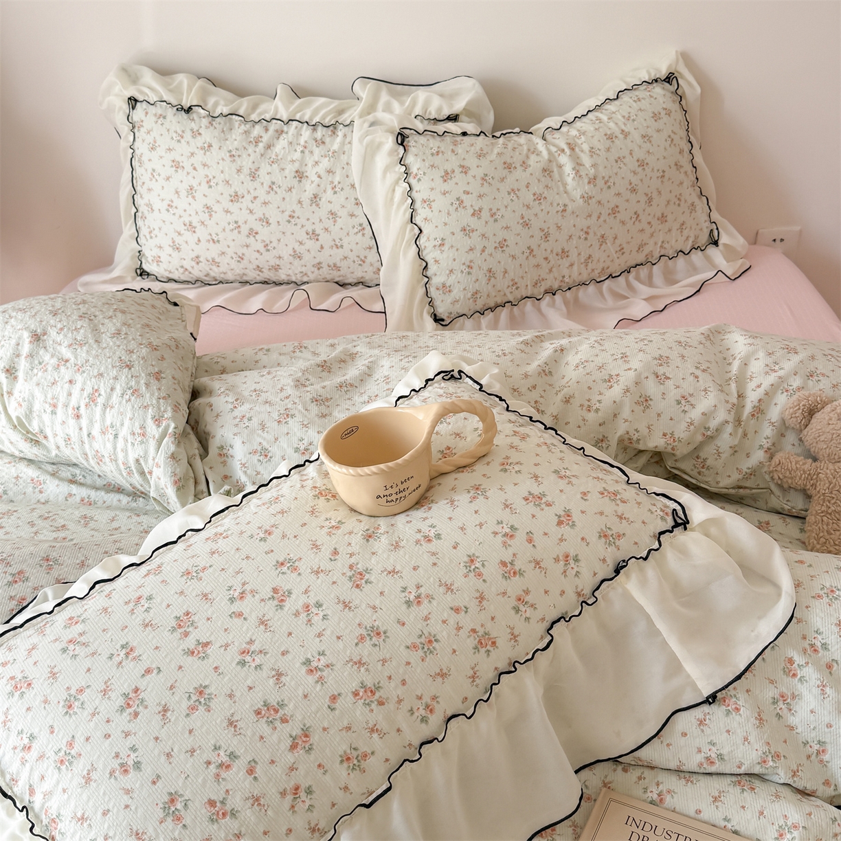 91家纺网 家纺一手货源 找家纺 （总）吾欢心 2026春夏新款韩版雪纺花边泡芙双层纱四件套