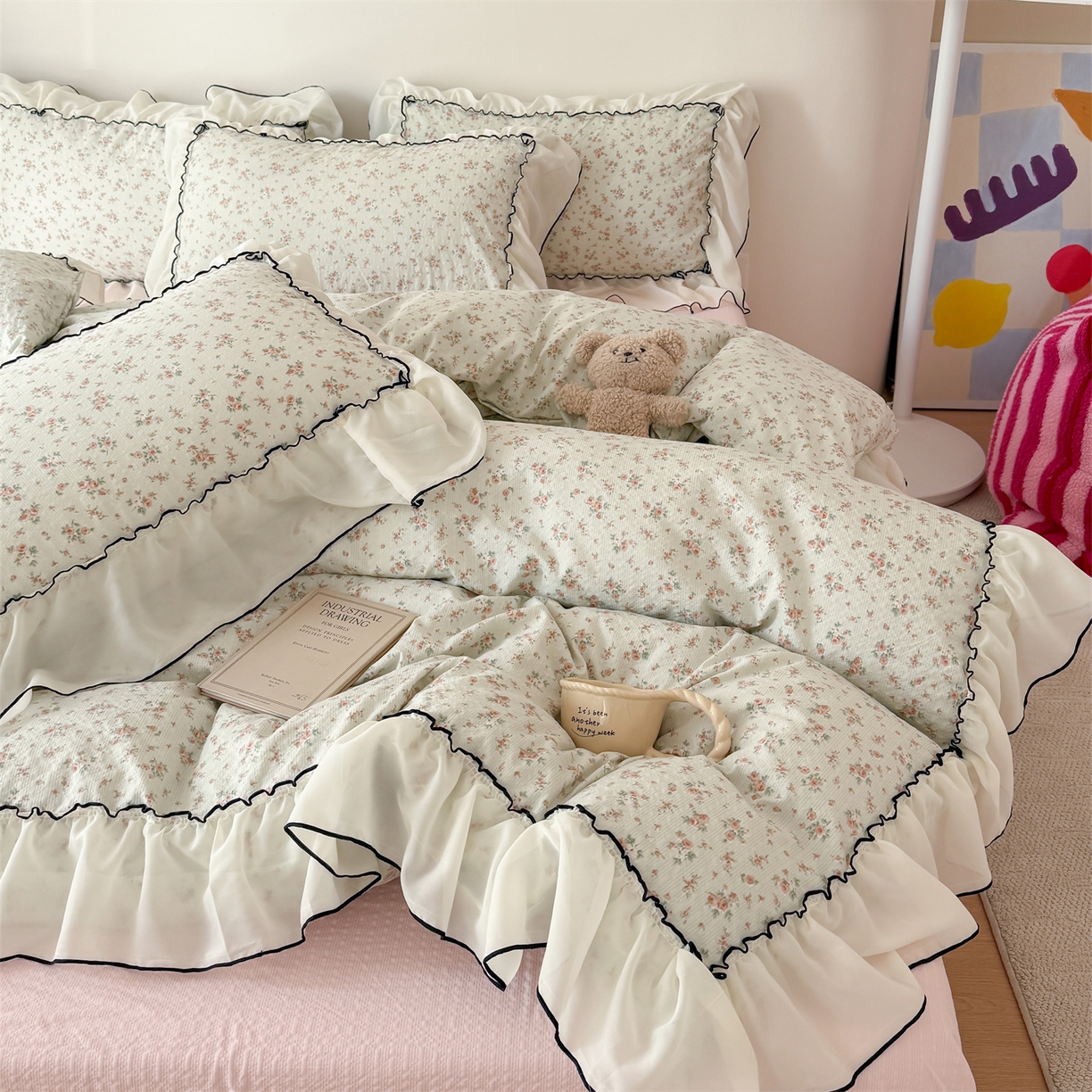 91家纺网 家纺一手货源 找家纺 （总）吾欢心 2026春夏新款韩版雪纺花边泡芙双层纱四件套