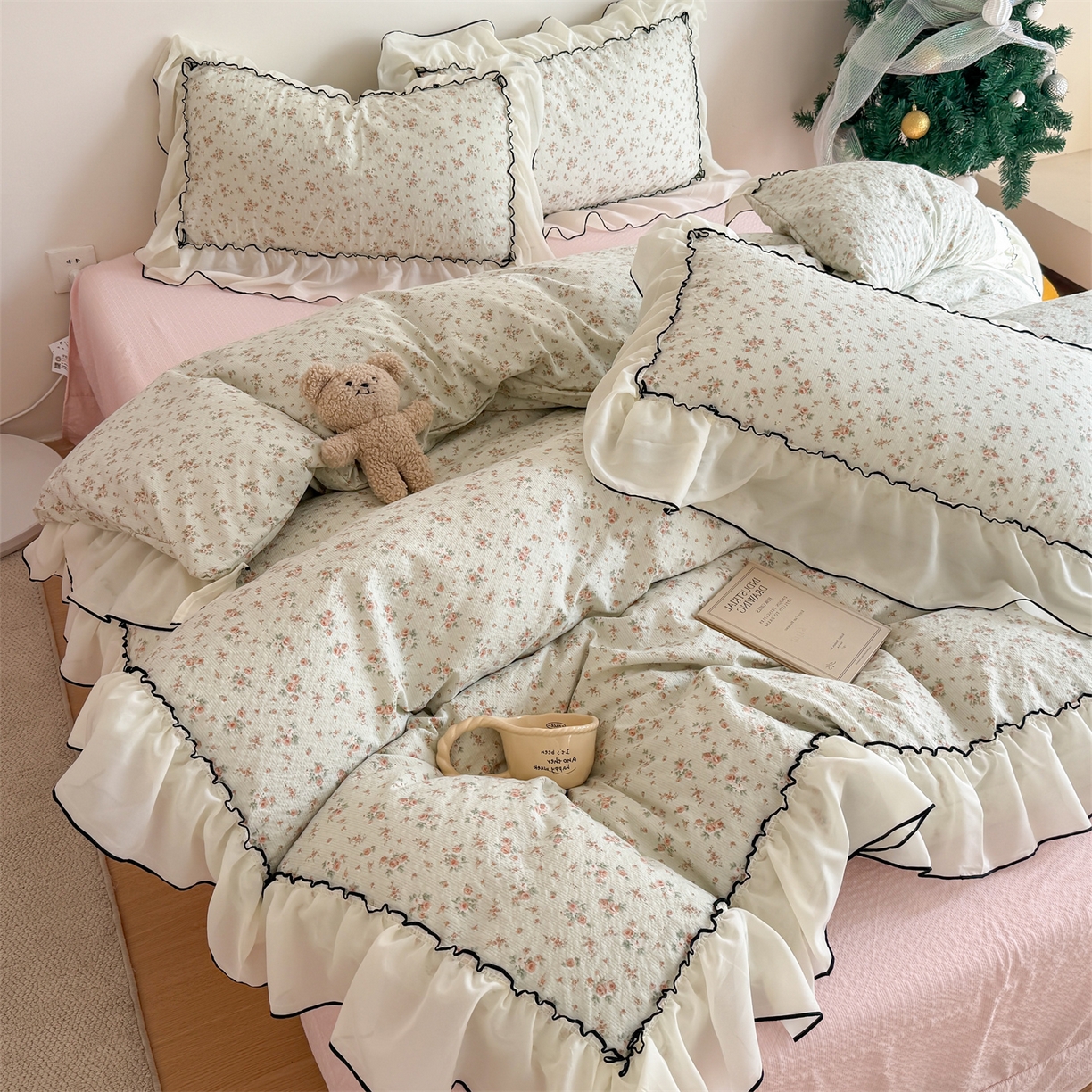 91家纺网 家纺一手货源 找家纺 （总）吾欢心 2026春夏新款韩版雪纺花边泡芙双层纱四件套