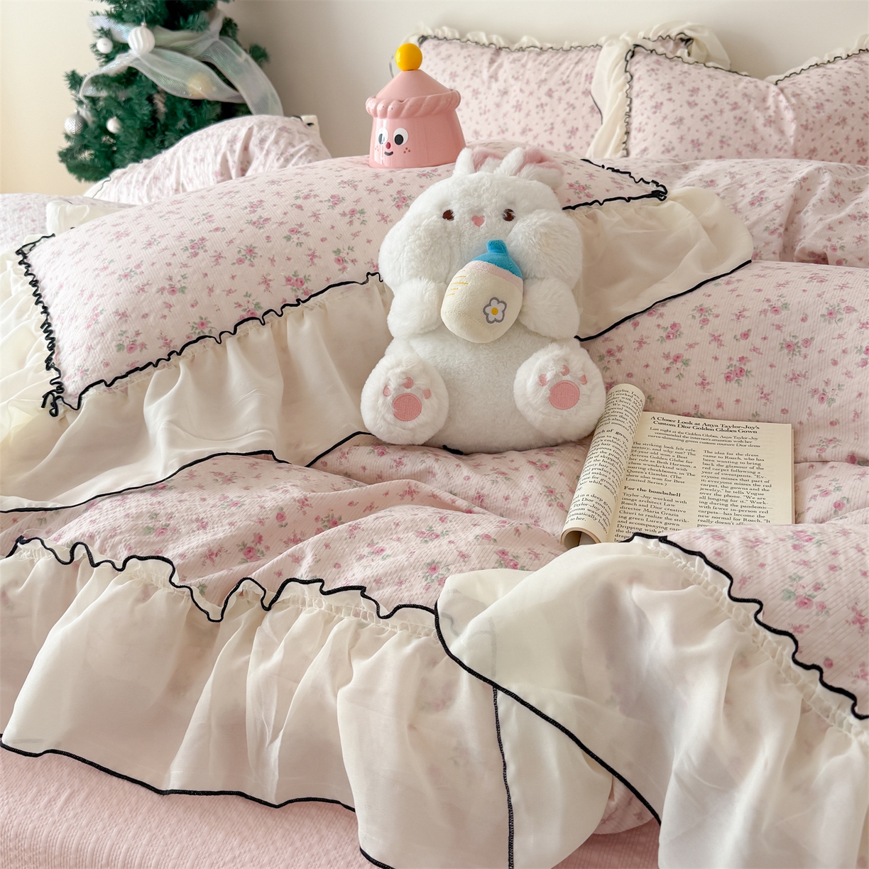 91家纺网 家纺一手货源 找家纺 吾欢心 2026春夏新款韩版雪纺花边泡芙双层纱四件套 海棠物语