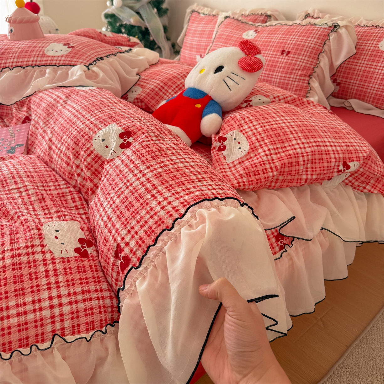 91家纺网 家纺一手货源 找家纺 （总）吾欢心 2026春夏新款韩版雪纺花边泡芙双层纱四件套