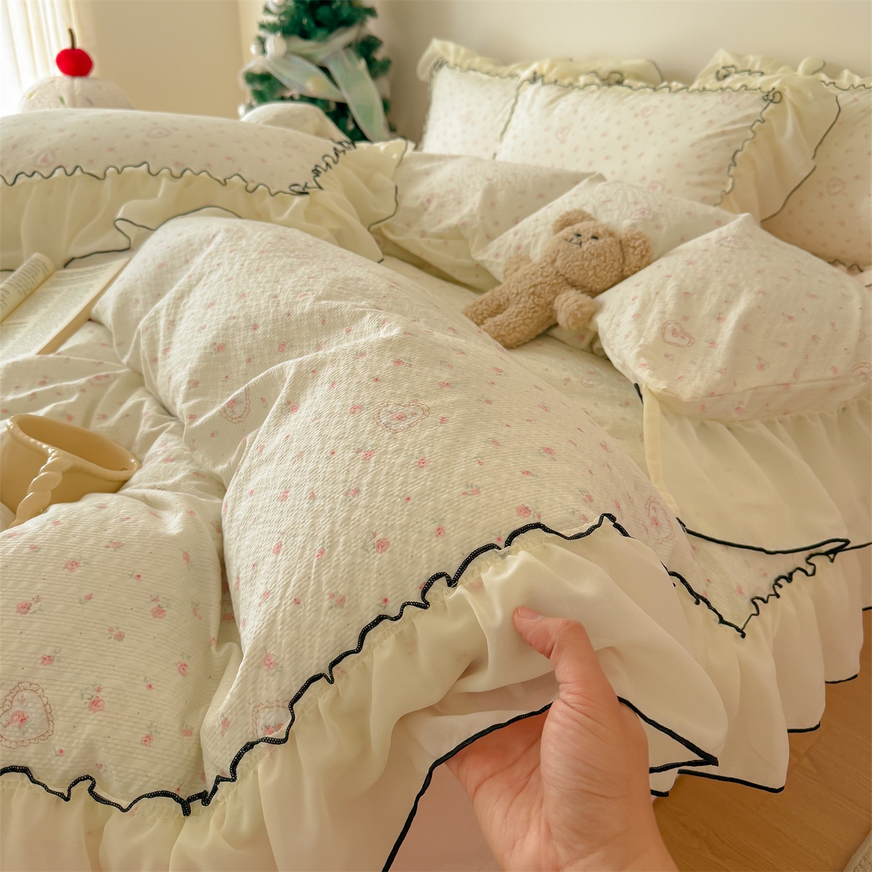 吾欢心 2026春夏新款韩版雪纺花边泡芙双层纱四件套 蜜爱甜心