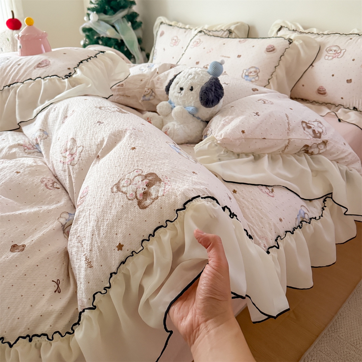 吾欢心 2026春夏新款韩版雪纺花边泡芙双层纱四件套 奶萌小狗