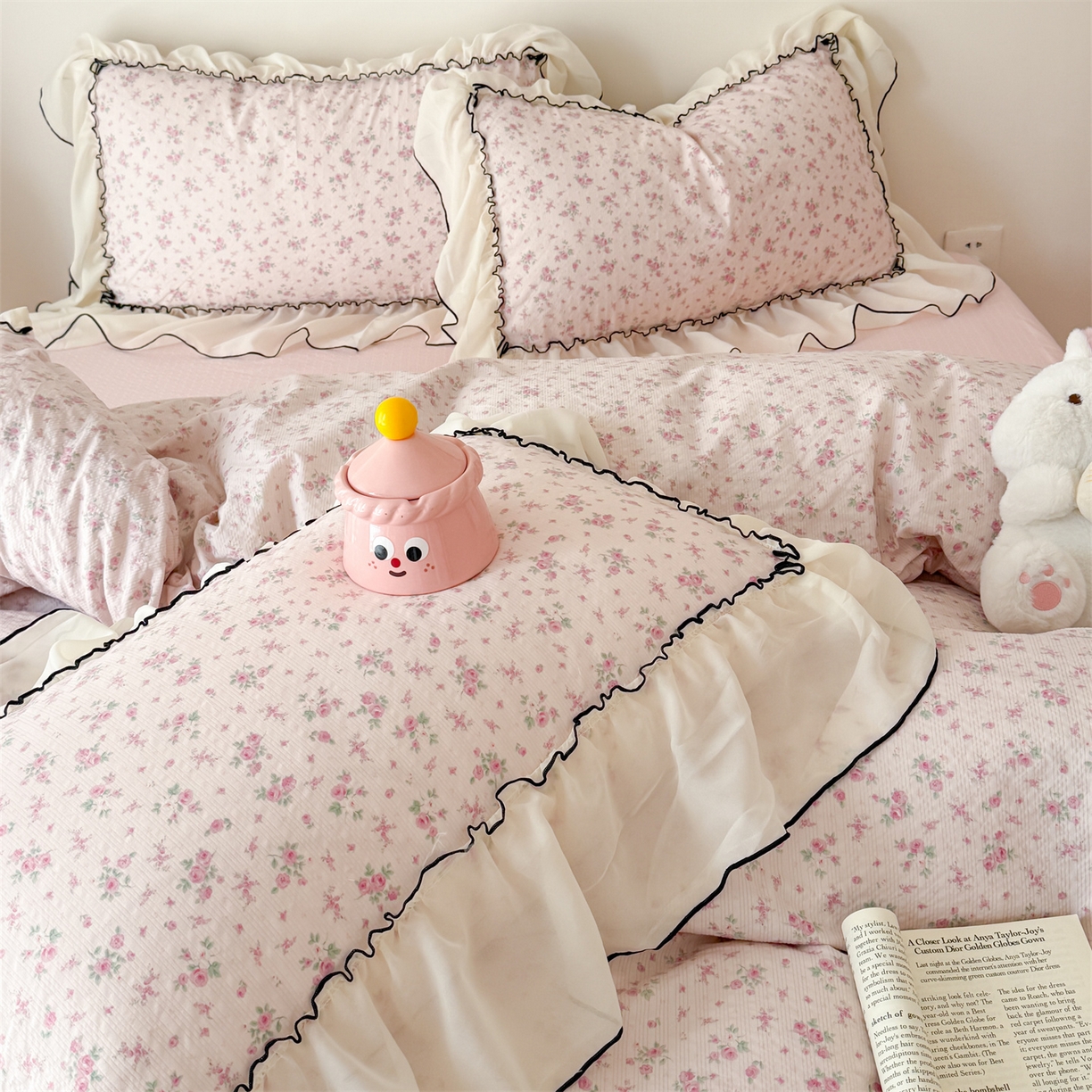 91家纺网 家纺一手货源 找家纺 吾欢心 2026春夏新款韩版雪纺花边泡芙双层纱四件套 海棠物语