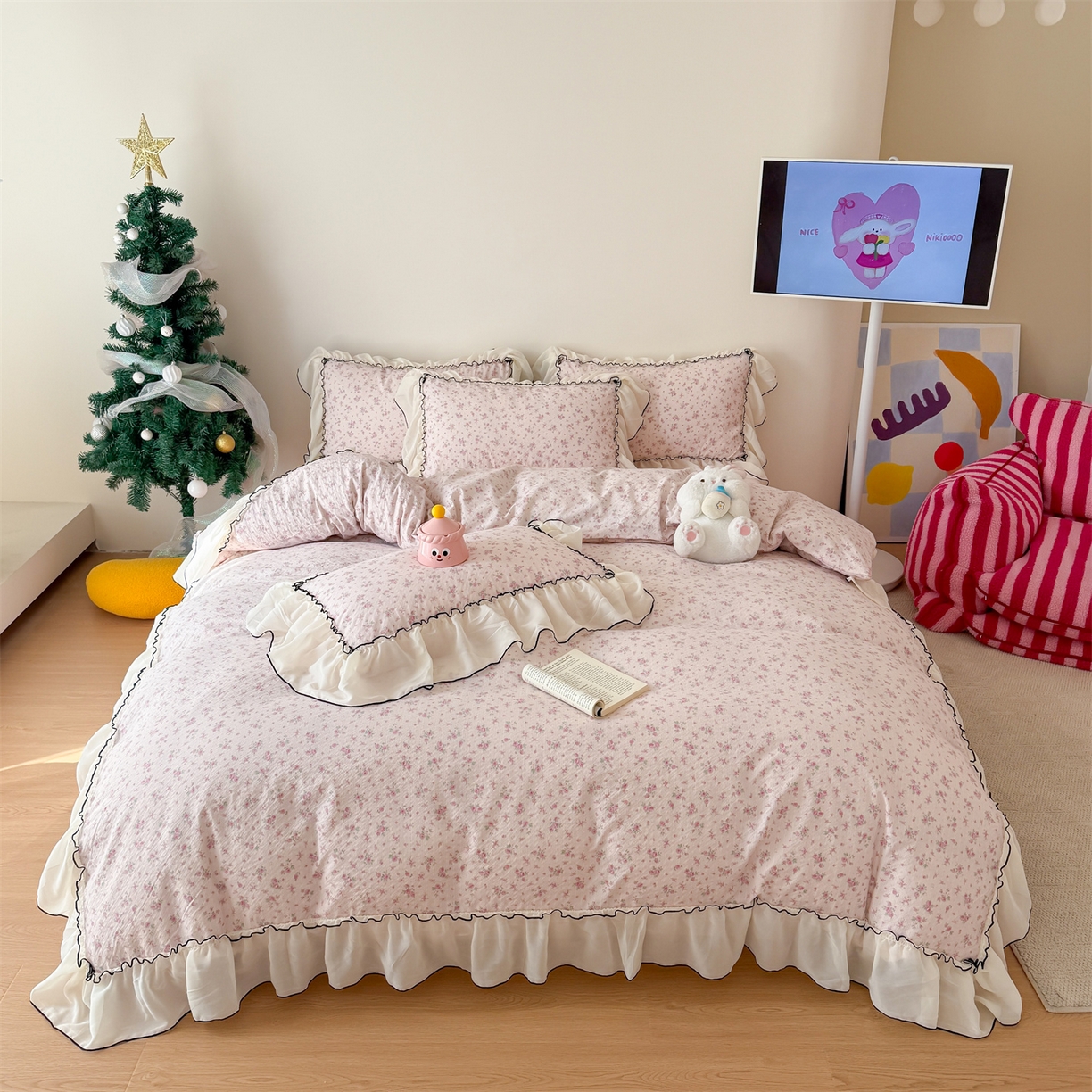 91家纺网 家纺一手货源 找家纺 吾欢心 2026春夏新款韩版雪纺花边泡芙双层纱四件套 海棠物语