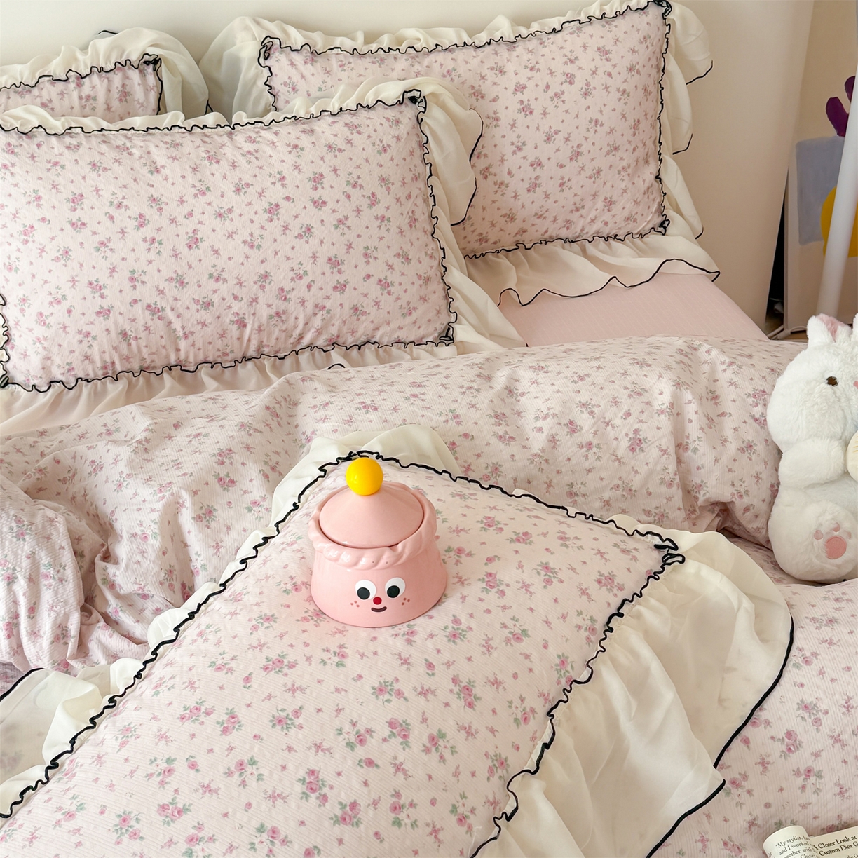 91家纺网 家纺一手货源 找家纺 吾欢心 2026春夏新款韩版雪纺花边泡芙双层纱四件套 海棠物语