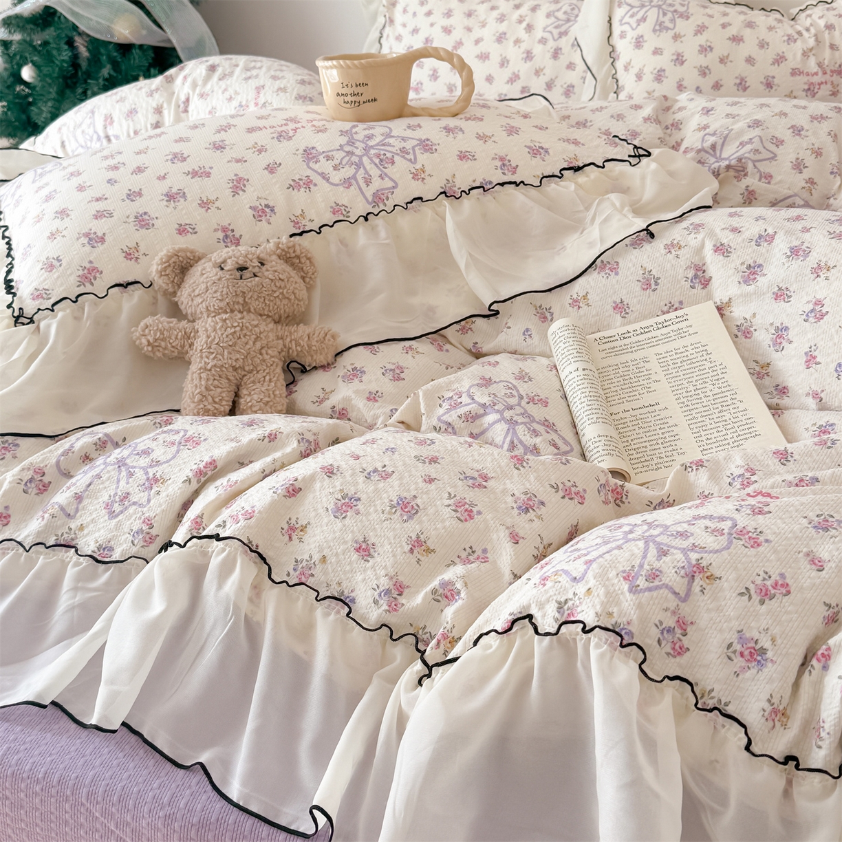 91家纺网 家纺一手货源 找家纺 吾欢心 2026春夏新款韩版雪纺花边泡芙双层纱四件套 花韵