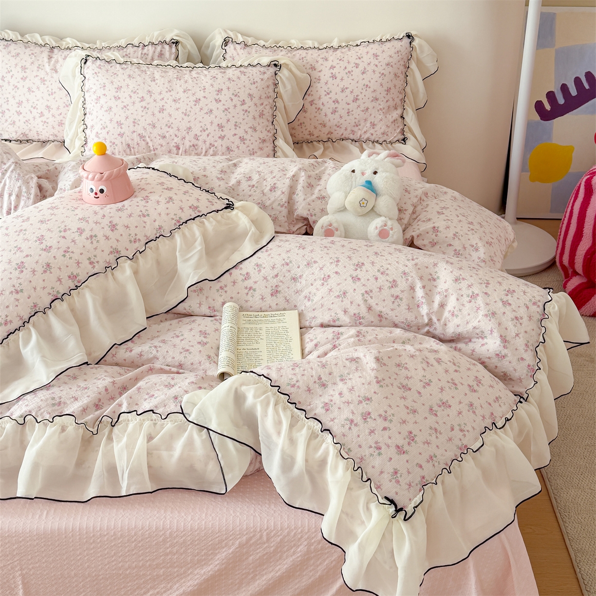 91家纺网 家纺一手货源 找家纺 吾欢心 2026春夏新款韩版雪纺花边泡芙双层纱四件套 海棠物语