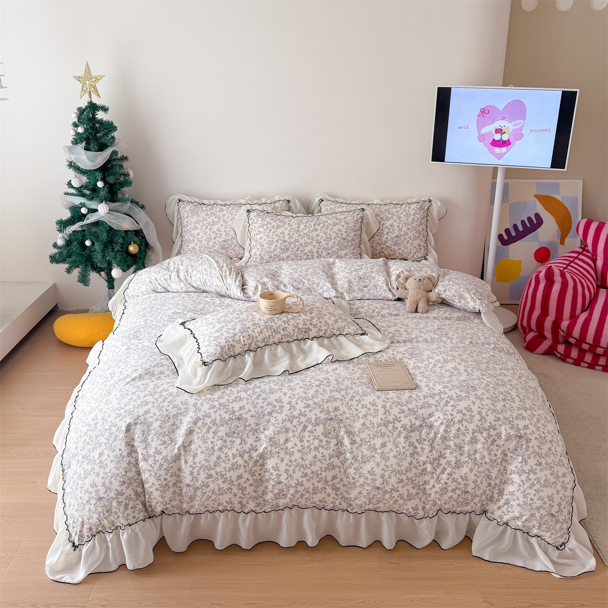 91家纺网 家纺一手货源 找家纺 吾欢心 2026春夏新款韩版雪纺花边泡芙双层纱四件套 花期