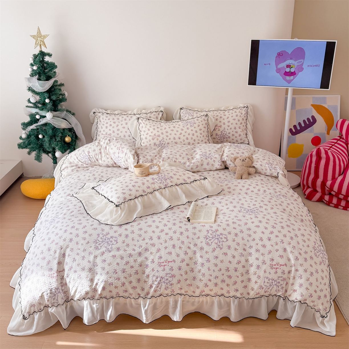 91家纺网 家纺一手货源 找家纺 吾欢心 2026春夏新款韩版雪纺花边泡芙双层纱四件套 花韵