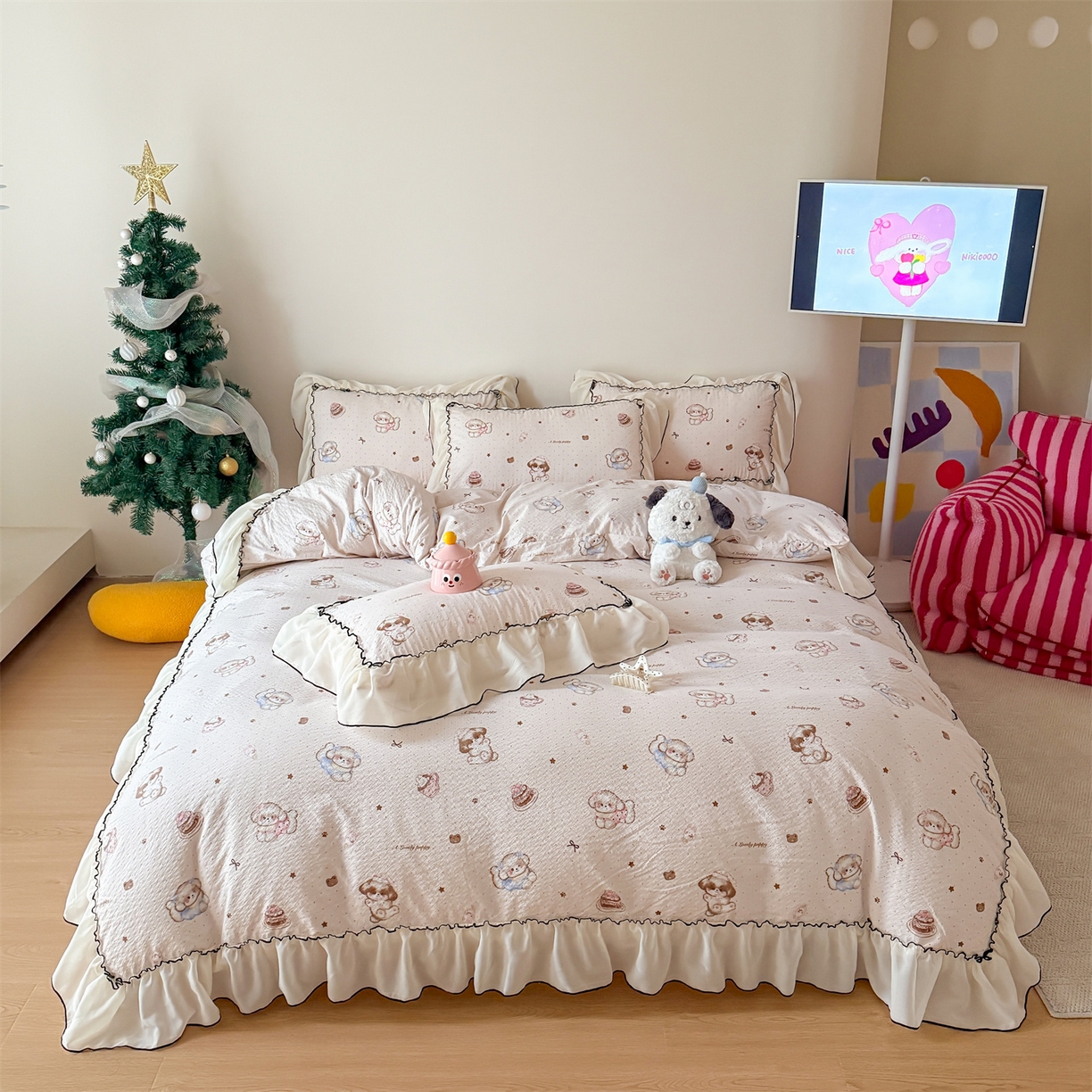 91家纺网 家纺一手货源 找家纺 吾欢心 2026春夏新款韩版雪纺花边泡芙双层纱四件套 奶萌小狗