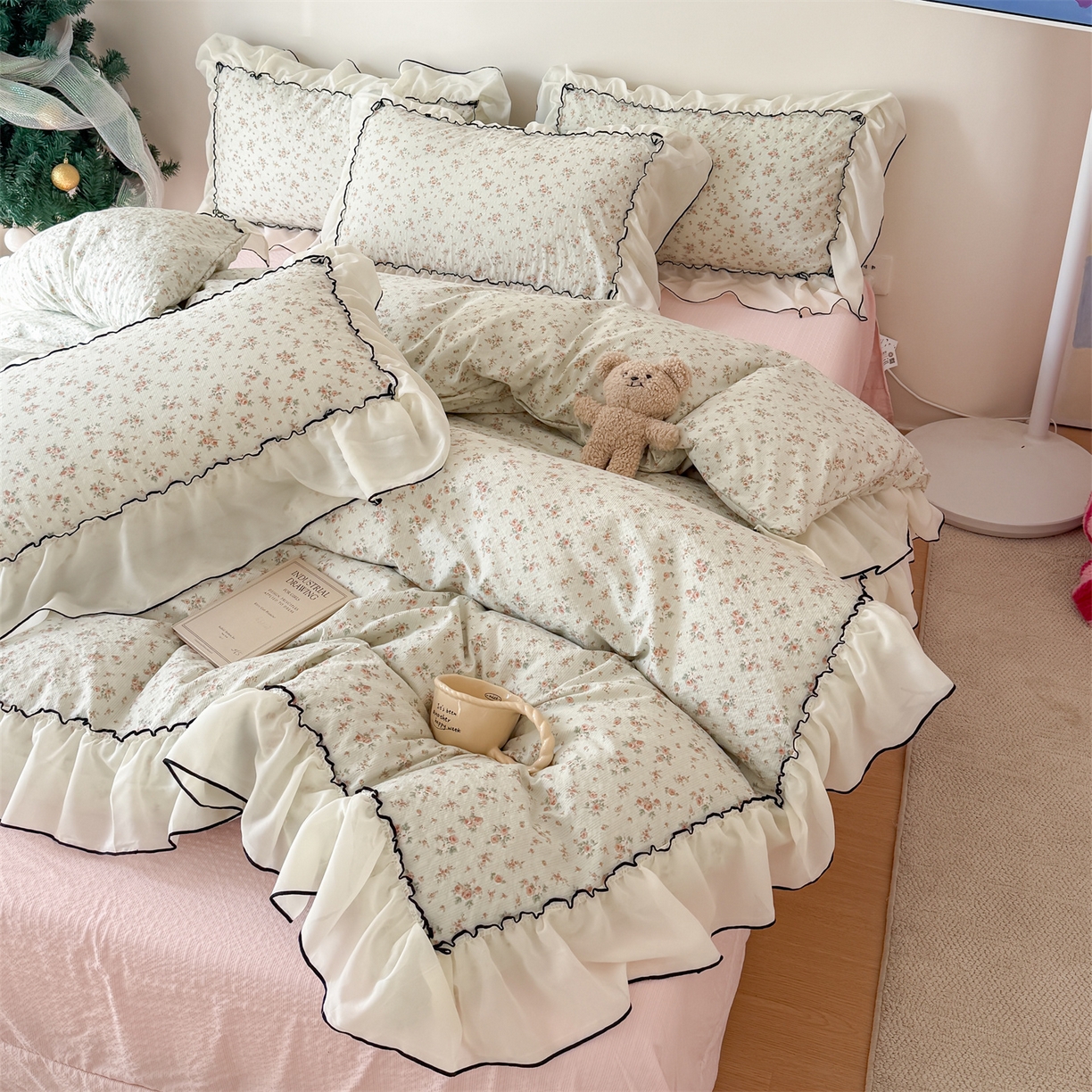 91家纺网 家纺一手货源 找家纺 吾欢心 2026春夏新款韩版雪纺花边泡芙双层纱四件套 花未央