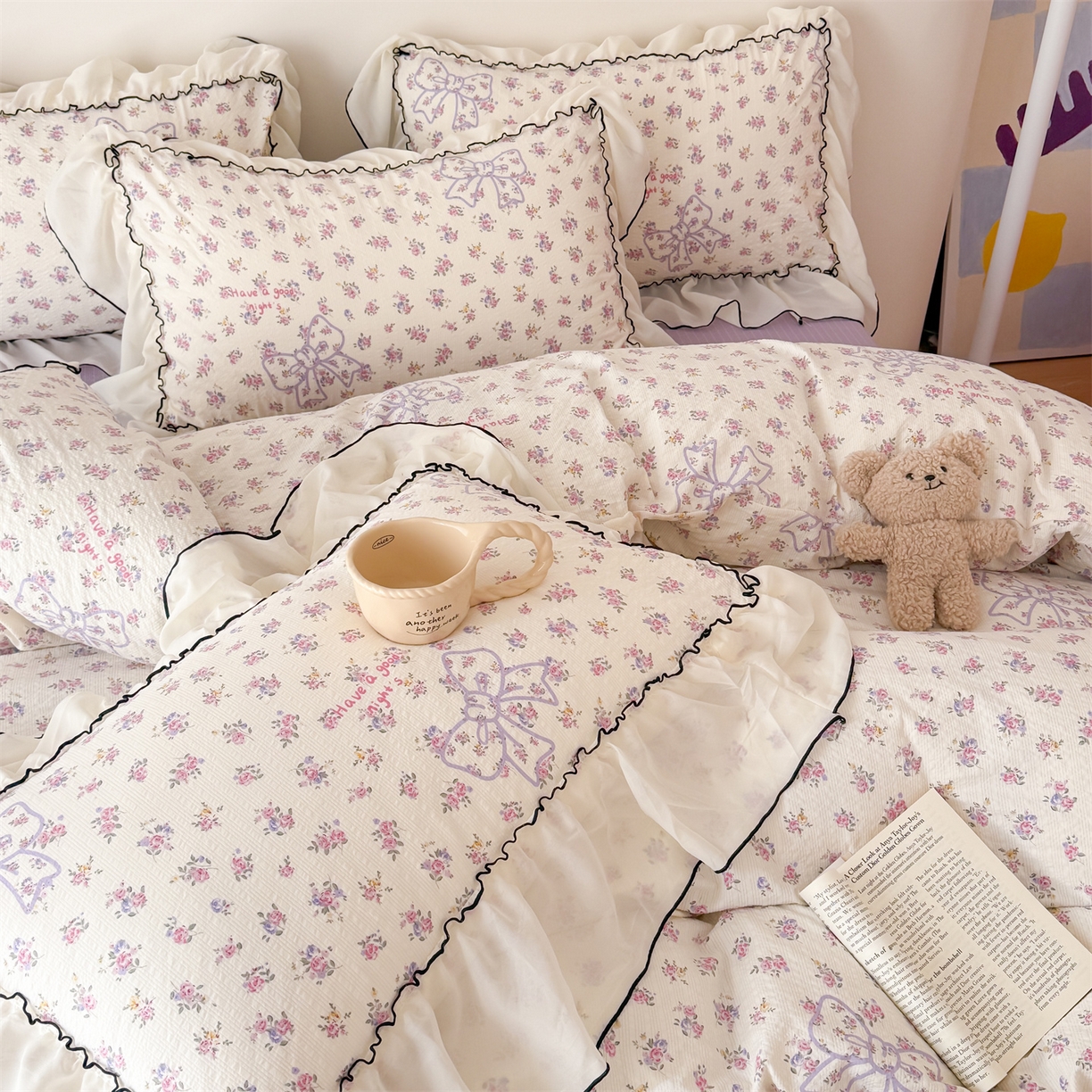 91家纺网 家纺一手货源 找家纺 吾欢心 2026春夏新款韩版雪纺花边泡芙双层纱四件套 花韵