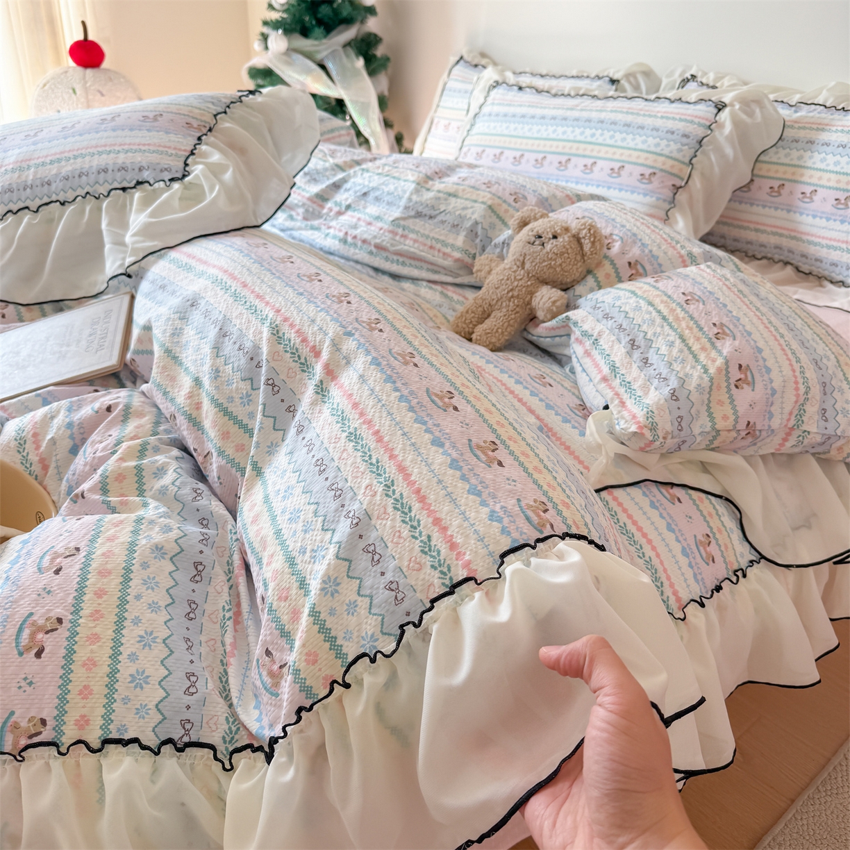 吾欢心 2026春夏新款韩版雪纺花边泡芙双层纱四件套 费尔岛小马