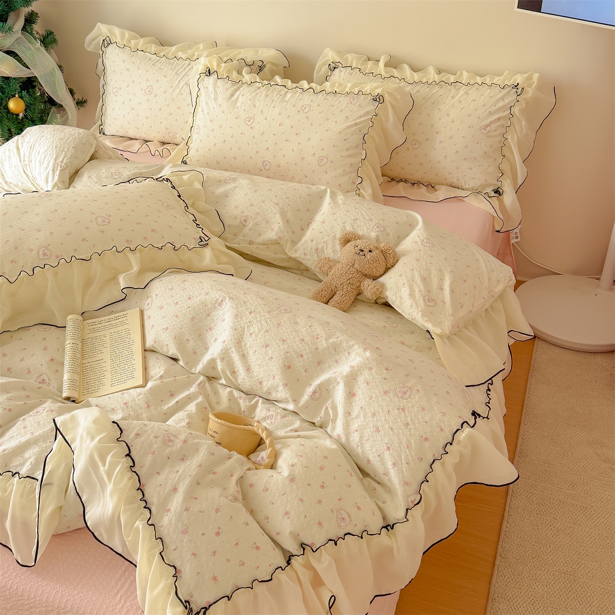 91家纺网 家纺一手货源 找家纺 吾欢心 2026春夏新款韩版雪纺花边泡芙双层纱四件套 蜜爱甜心