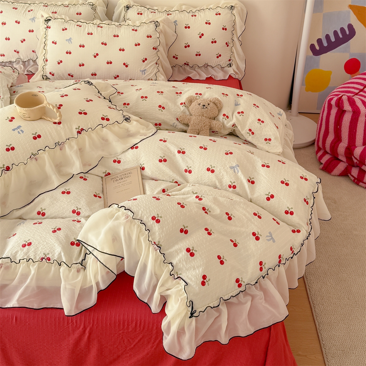 91家纺网 家纺一手货源 找家纺 吾欢心 2026春夏新款韩版雪纺花边泡芙双层纱四件套 奶油樱桃