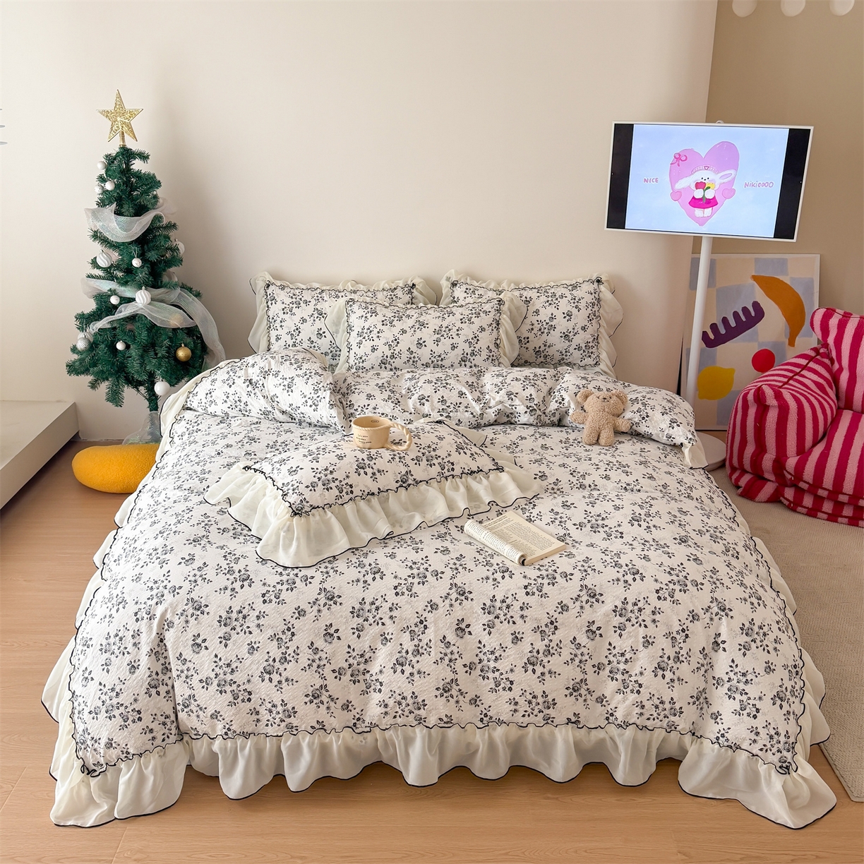 91家纺网 家纺一手货源 找家纺 吾欢心 2026春夏新款韩版雪纺花边泡芙双层纱四件套 赫本