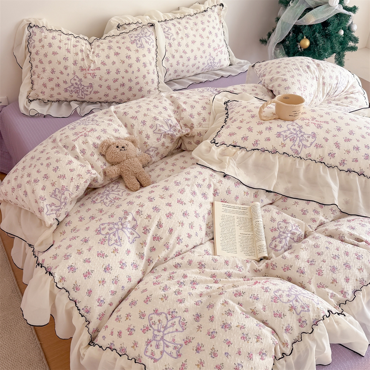 91家纺网 家纺一手货源 找家纺 吾欢心 2026春夏新款韩版雪纺花边泡芙双层纱四件套 花韵