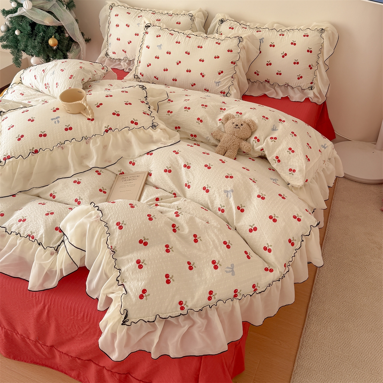 91家纺网 家纺一手货源 找家纺 吾欢心 2026春夏新款韩版雪纺花边泡芙双层纱四件套 奶油樱桃