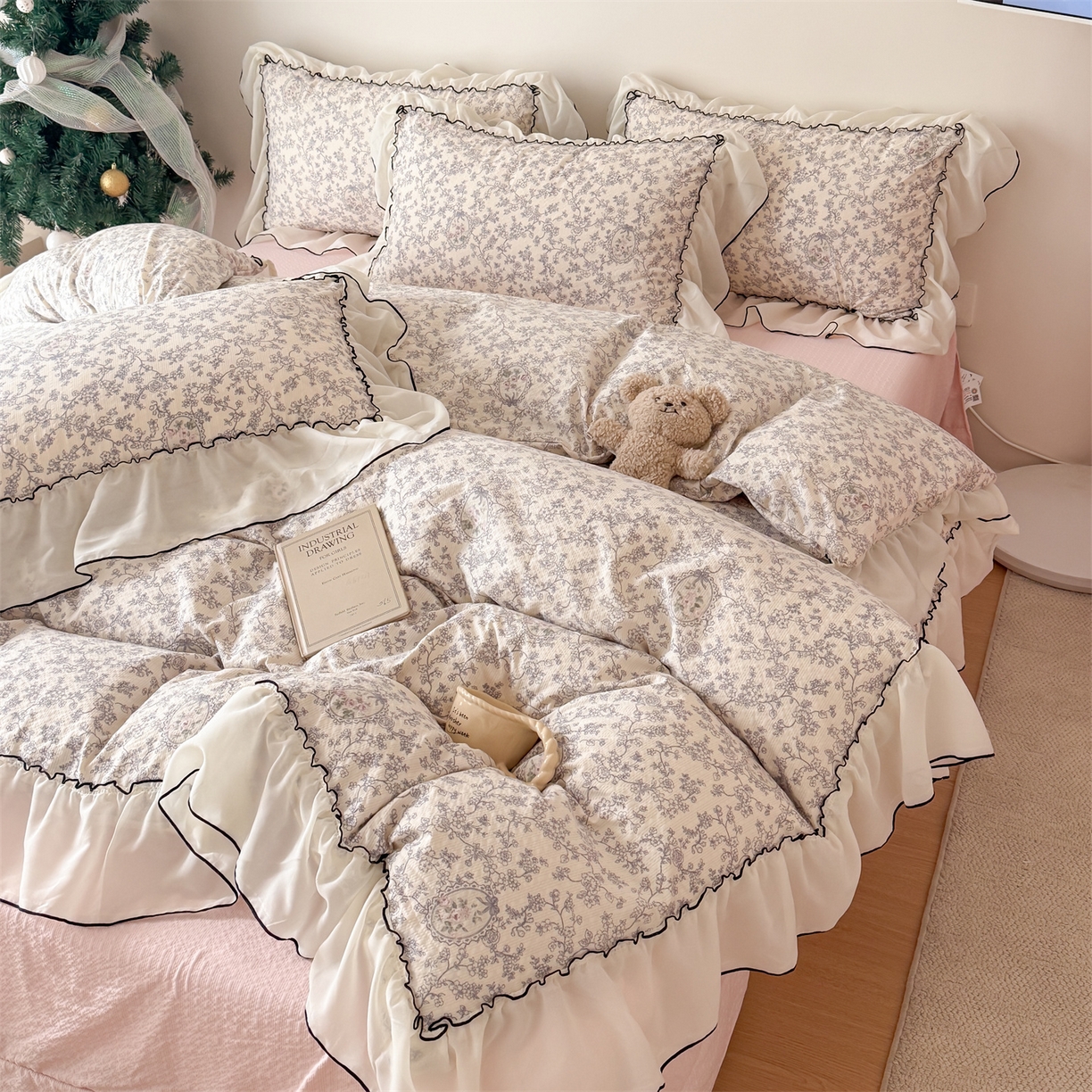 91家纺网 家纺一手货源 找家纺 吾欢心 2026春夏新款韩版雪纺花边泡芙双层纱四件套 花期