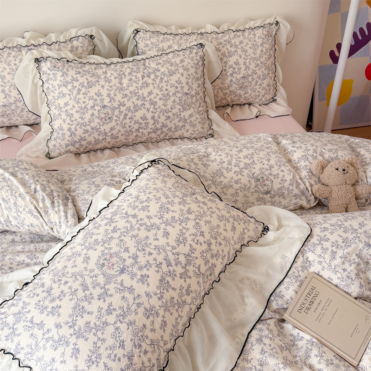 91家纺网 家纺一手货源 找家纺 吾欢心 2026春夏新款韩版雪纺花边泡芙双层纱四件套 花期