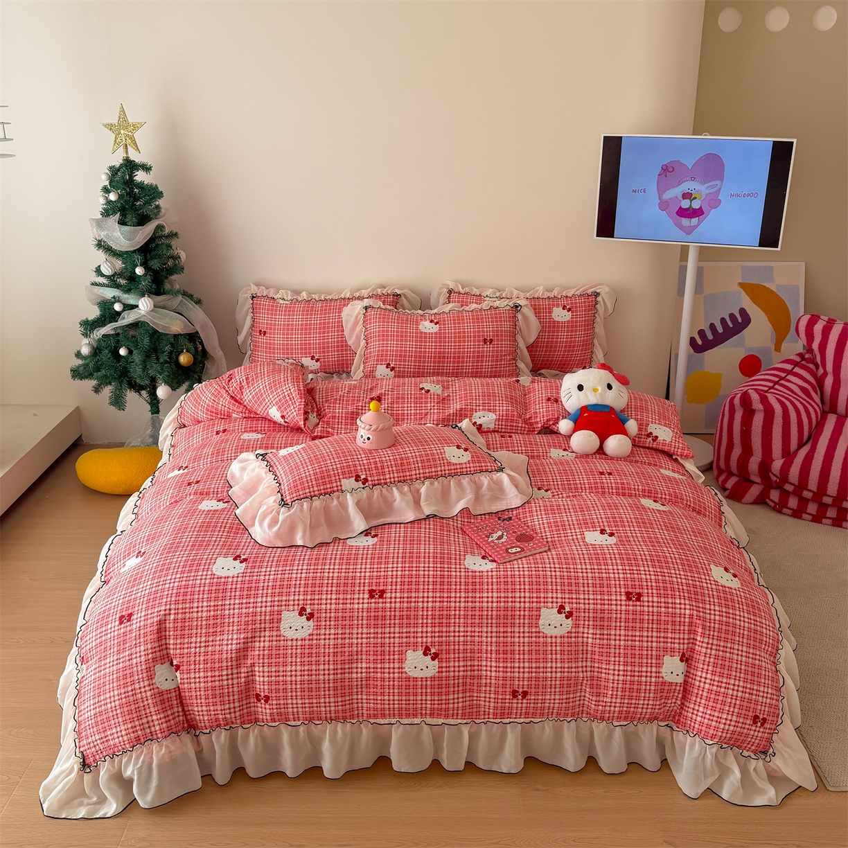 91家纺网 家纺一手货源 找家纺 吾欢心 2026春夏新款韩版雪纺花边泡芙双层纱四件套 卡通小猫