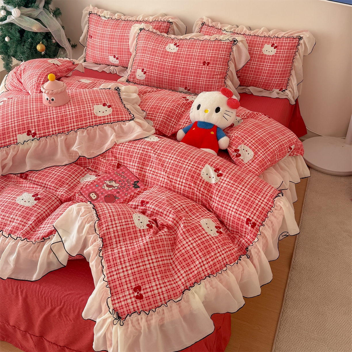 91家纺网 家纺一手货源 找家纺 吾欢心 2026春夏新款韩版雪纺花边泡芙双层纱四件套 卡通小猫