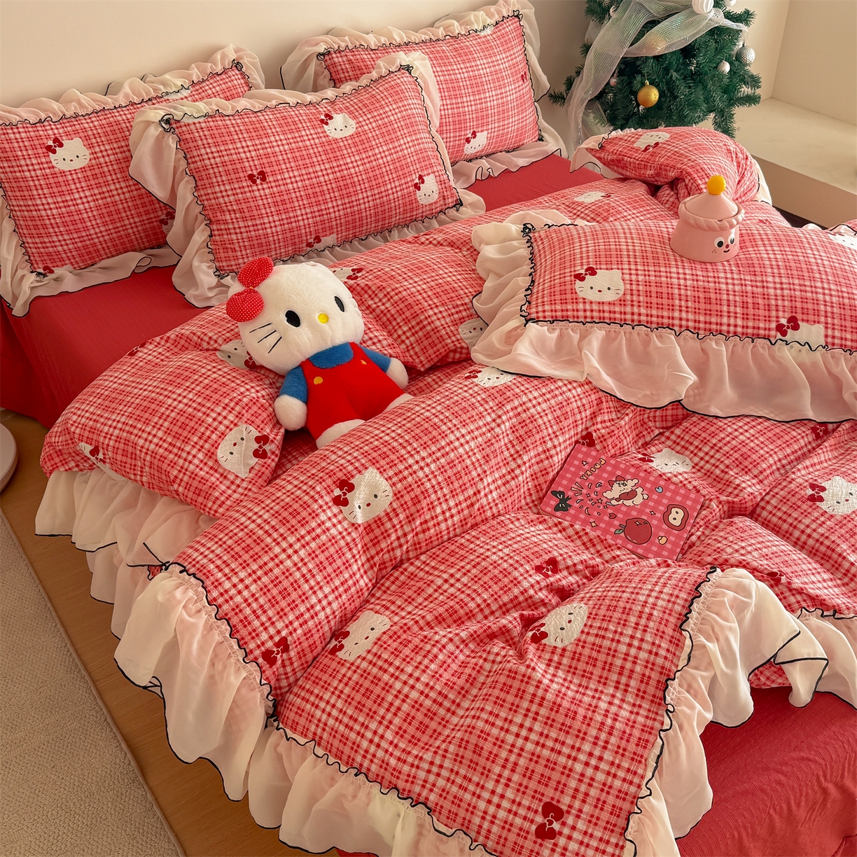 91家纺网 家纺一手货源 找家纺 吾欢心 2026春夏新款韩版雪纺花边泡芙双层纱四件套 卡通小猫