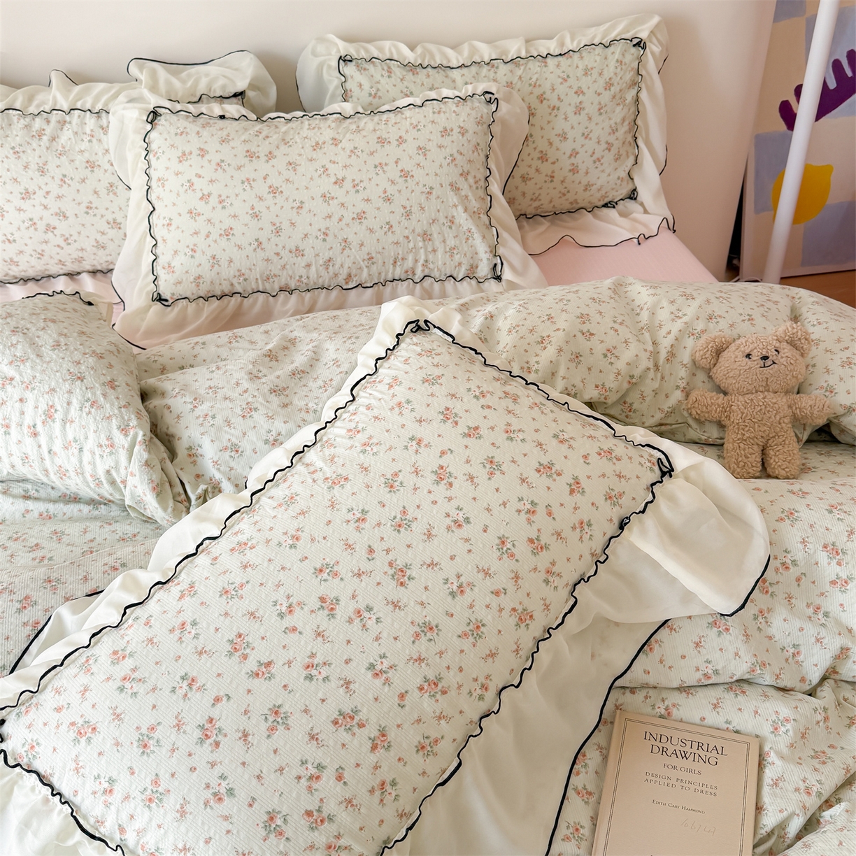 91家纺网 家纺一手货源 找家纺 （总）吾欢心 2026春夏新款韩版雪纺花边泡芙双层纱四件套