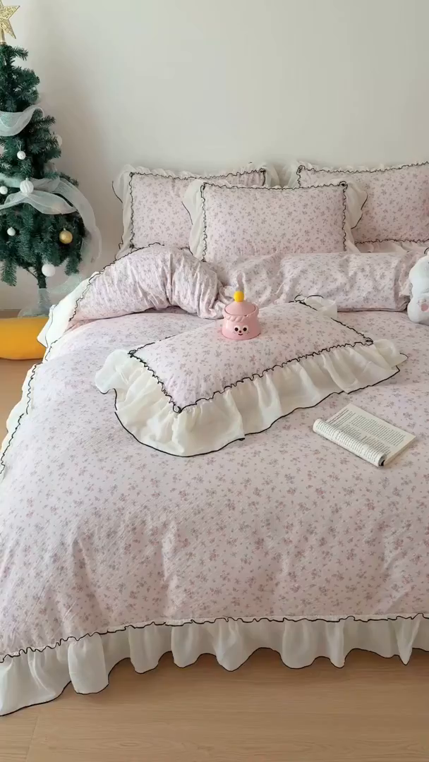 91家纺网 家纺一手货源 找家纺 吾欢心 2026春夏新款韩版雪纺花边泡芙双层纱四件套 海棠物语