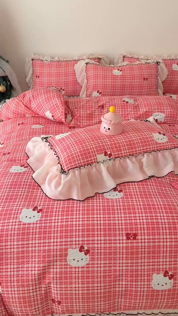 91家纺网 家纺一手货源 找家纺 吾欢心 2026春夏新款韩版雪纺花边泡芙双层纱四件套 卡通小猫