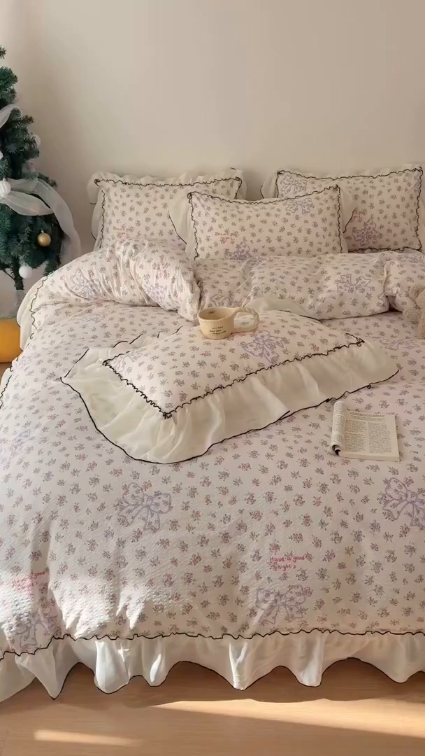 91家纺网 家纺一手货源 找家纺 吾欢心 2026春夏新款韩版雪纺花边泡芙双层纱四件套 花韵