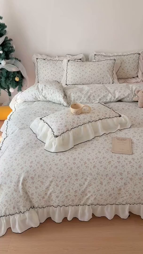 91家纺网 家纺一手货源 找家纺 （总）吾欢心 2026春夏新款韩版雪纺花边泡芙双层纱四件套