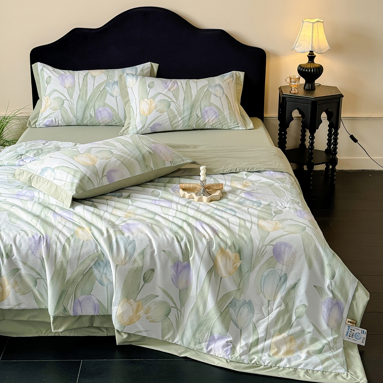 91家纺网 家纺一手货源 找家纺 迷尚家居 2026新款冰丝柔夏被四件套 郁金香绿