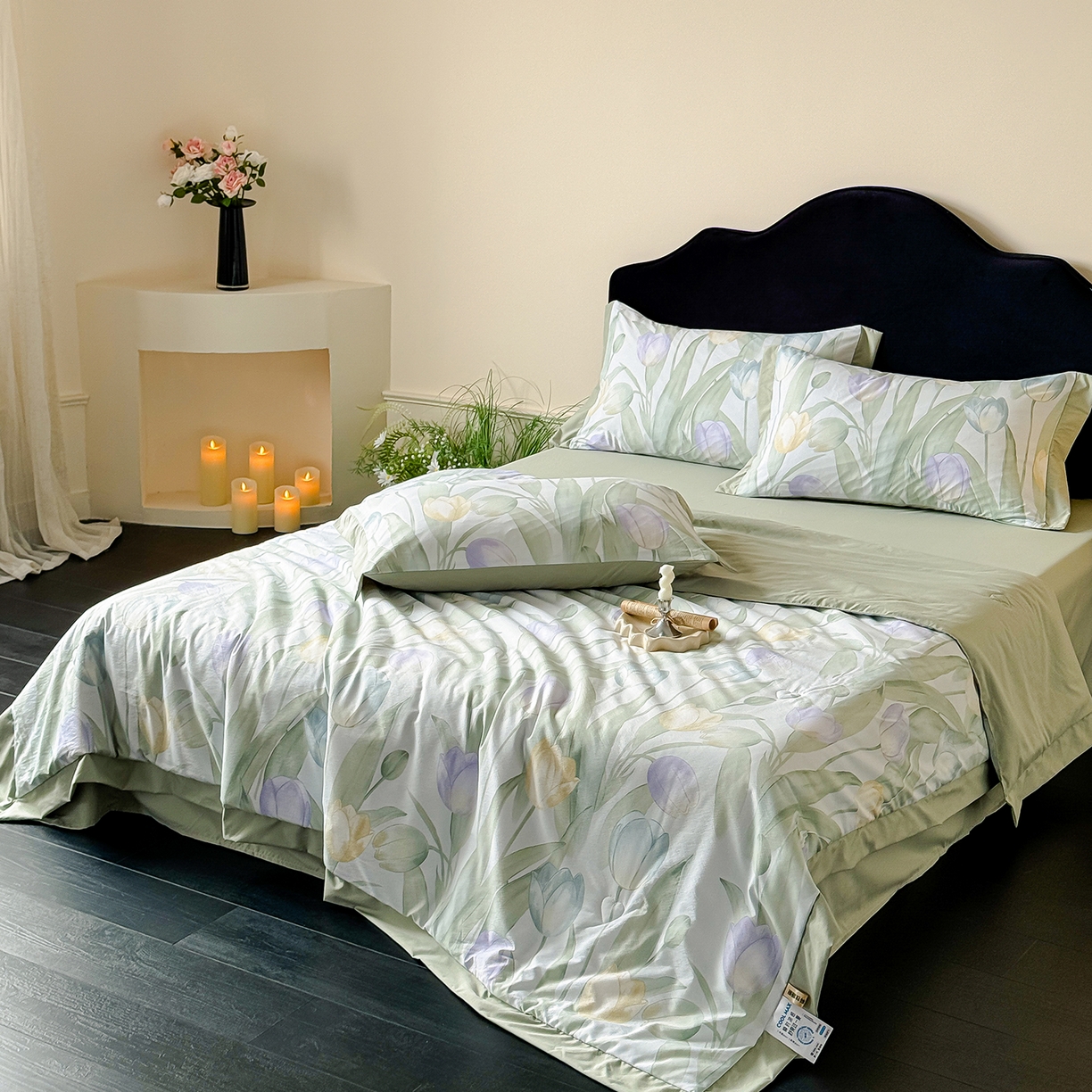 91家纺网 家纺一手货源 找家纺 迷尚家居 2026新款冰丝柔夏被四件套 郁金香绿