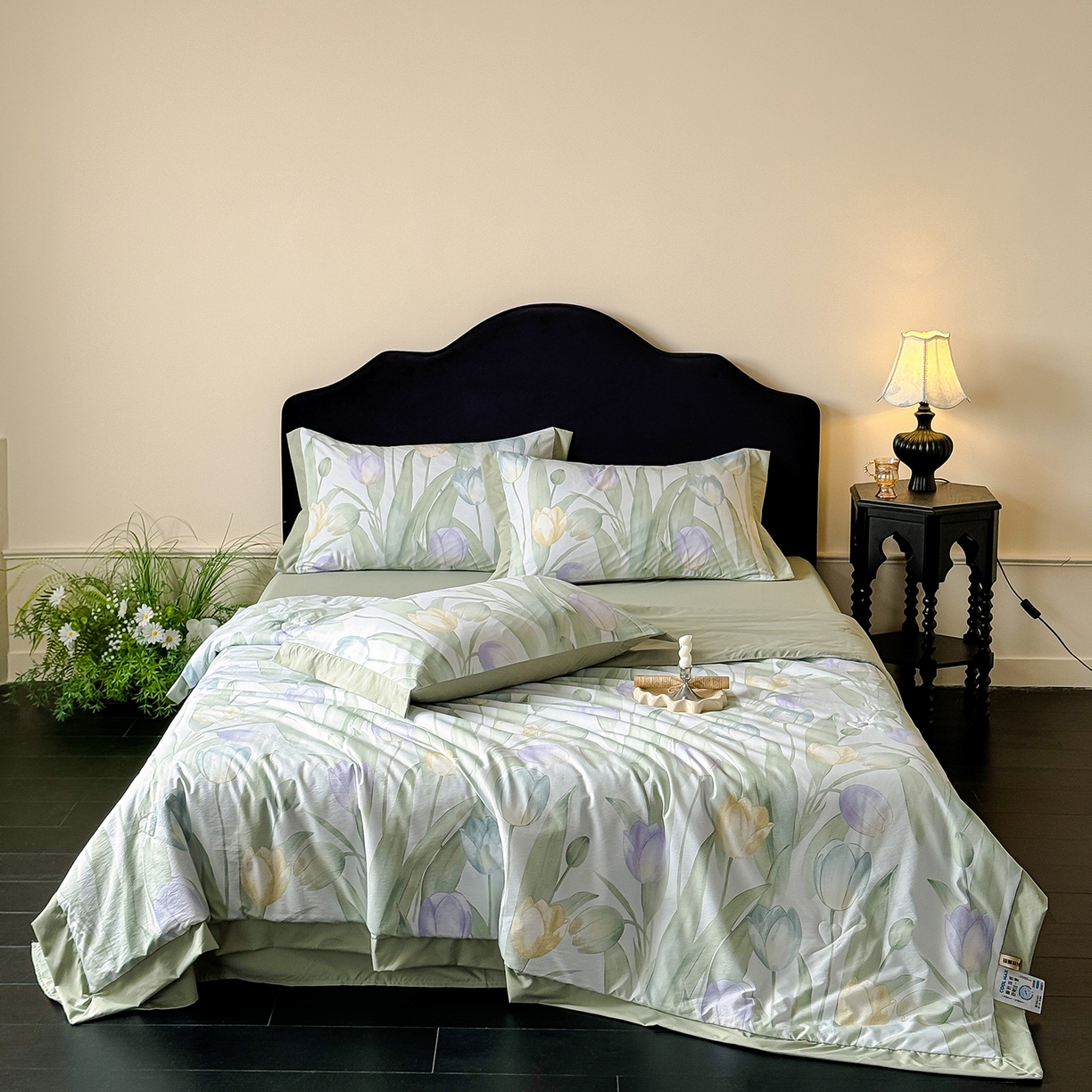 91家纺网 家纺一手货源 找家纺 迷尚家居 2026新款冰丝柔夏被四件套 郁金香绿