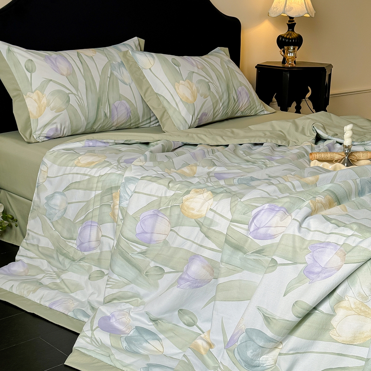 91家纺网 家纺一手货源 找家纺 迷尚家居 2026新款冰丝柔夏被四件套 郁金香绿