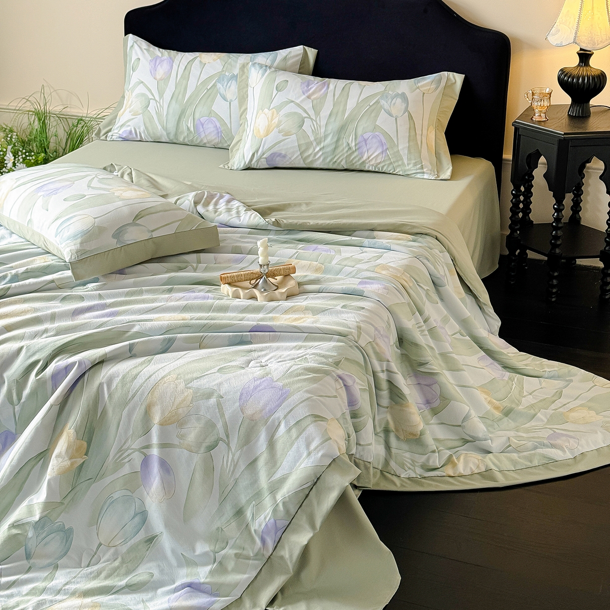 91家纺网 家纺一手货源 找家纺 迷尚家居 2026新款冰丝柔夏被四件套 郁金香绿