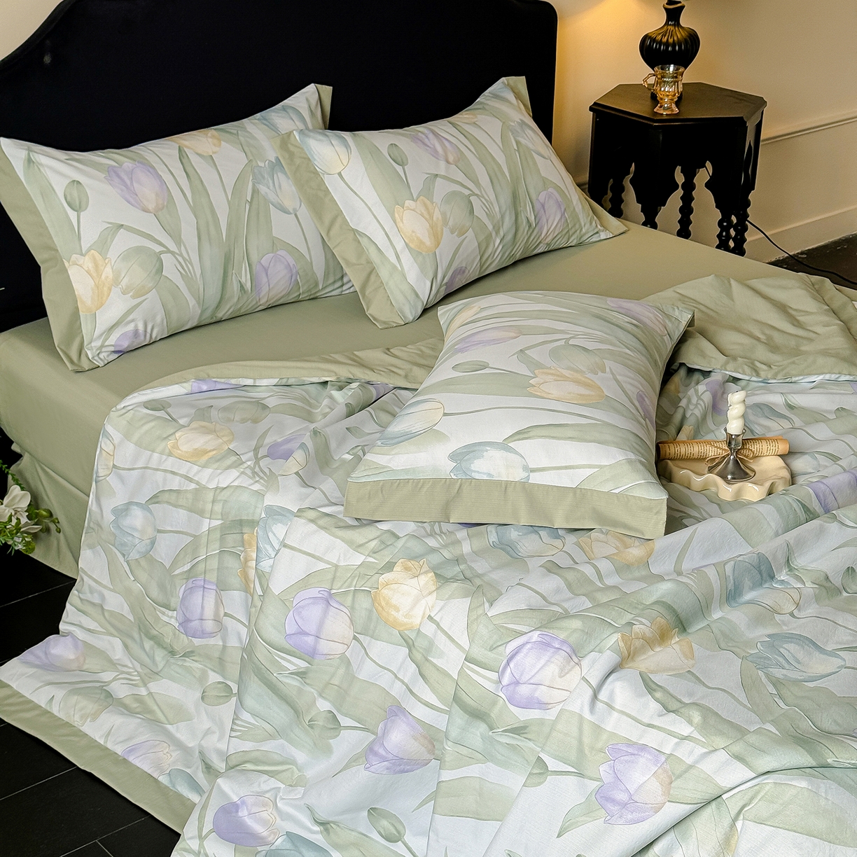 91家纺网 家纺一手货源 找家纺 迷尚家居 2026新款冰丝柔夏被四件套 郁金香绿