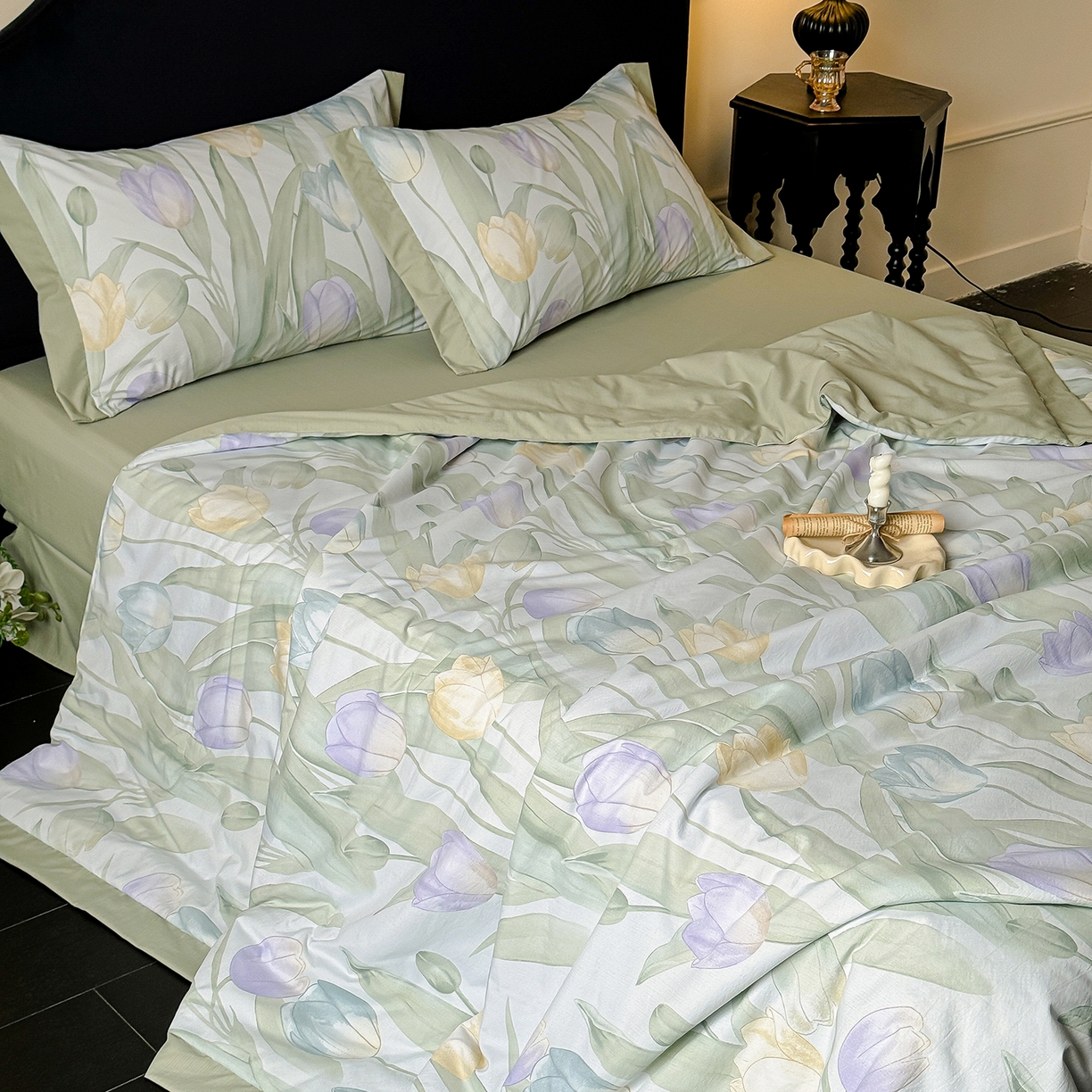 91家纺网 家纺一手货源 找家纺 迷尚家居 2026新款冰丝柔夏被四件套 郁金香绿