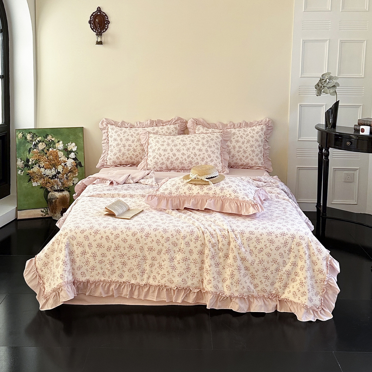 91家纺网 家纺一手货源 找家纺 迷尚家居 2026新款云朵棉印花花边夏被四件套 七分甜