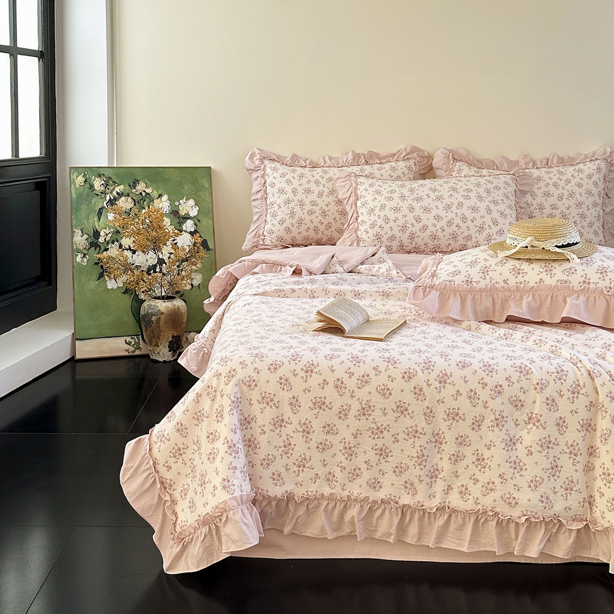 91家纺网 家纺一手货源 找家纺 迷尚家居 2026新款云朵棉印花花边夏被四件套 七分甜