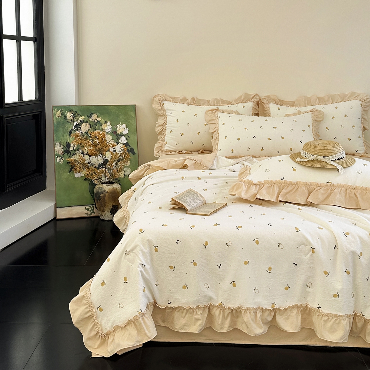 91家纺网 家纺一手货源 找家纺 迷尚家居 2026新款云朵棉印花花边夏被四件套 小柠檬