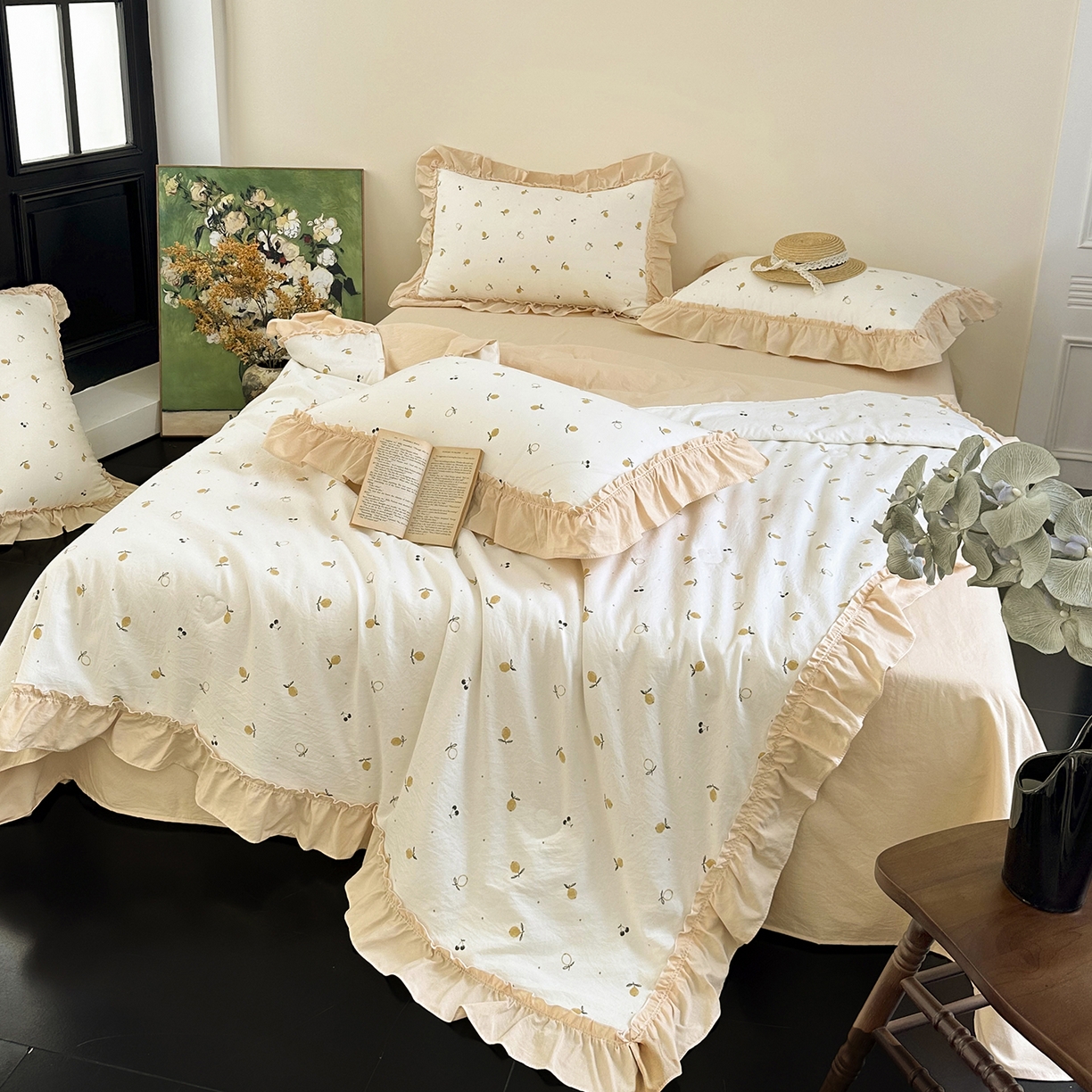 91家纺网 家纺一手货源 找家纺 迷尚家居 2026新款云朵棉印花花边夏被四件套 小柠檬